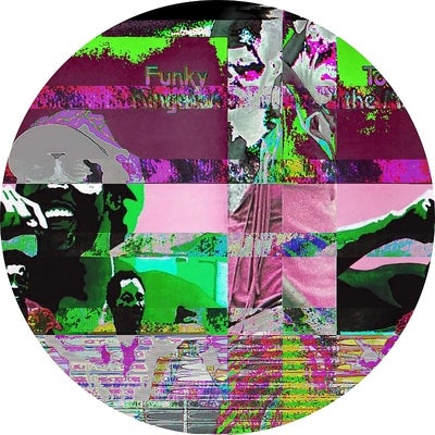 Record album cover in glitch art style, primarily in colours of magenta and green.