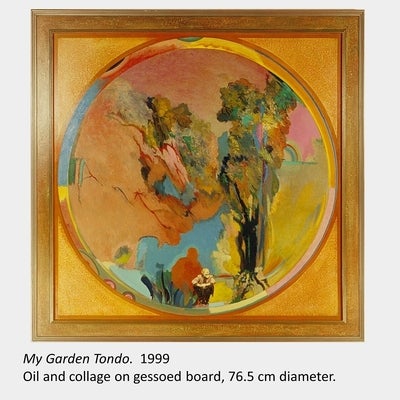 Artwork by Tony Urquhart.  My Garden Tondo. 1999. Oil and collage on gessoed board. 76.5 cm diameter