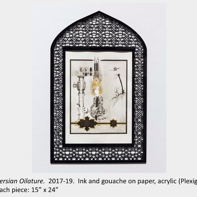 Zahra Baseri's artwork "Persian Oilature" 2017-19, Ink and gouache on paper, acrylic (Plexiglas), each piece: 15” x 24”
