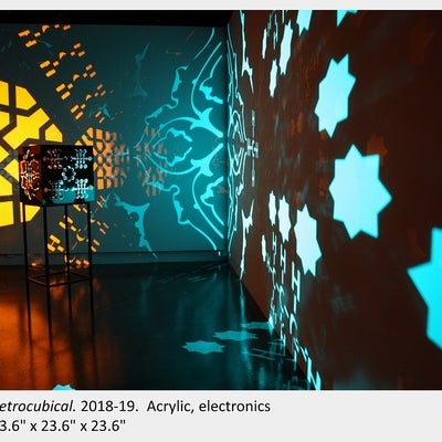 Zahra Baseri's artwork "Petrocubical" 2018-19, Acrylic, electronics 23.6" x 23.6" x 23.6"