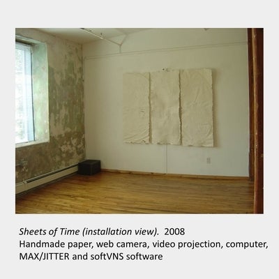 Artwork by Daria Magas-Zamaria. Sheets of Time (installation view). 2008. Handmade paper, web camera, video projection.