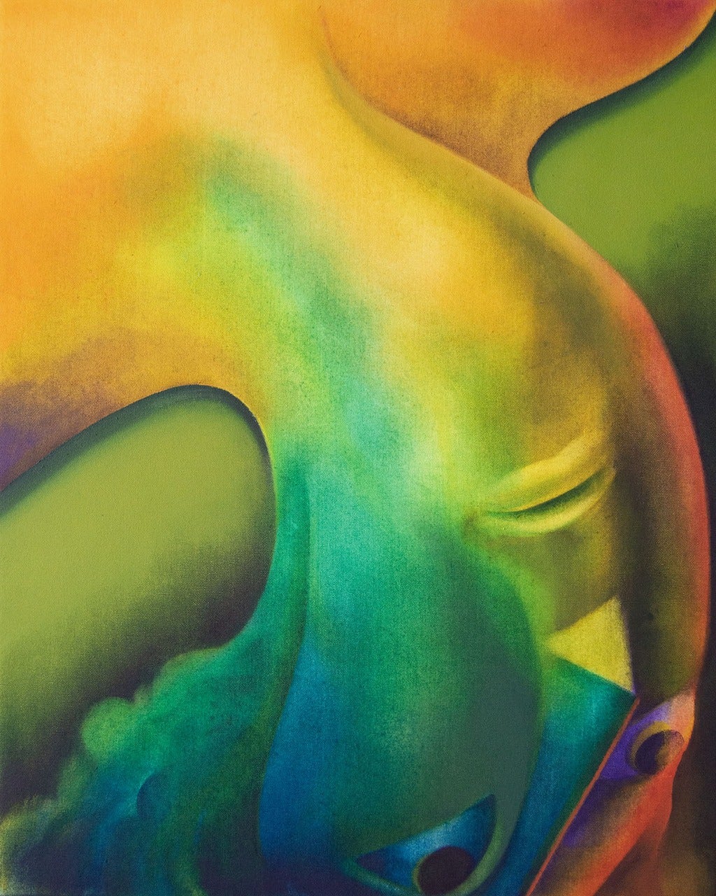 Artwork depicting a stylized, flattened figure in rainbow colours.