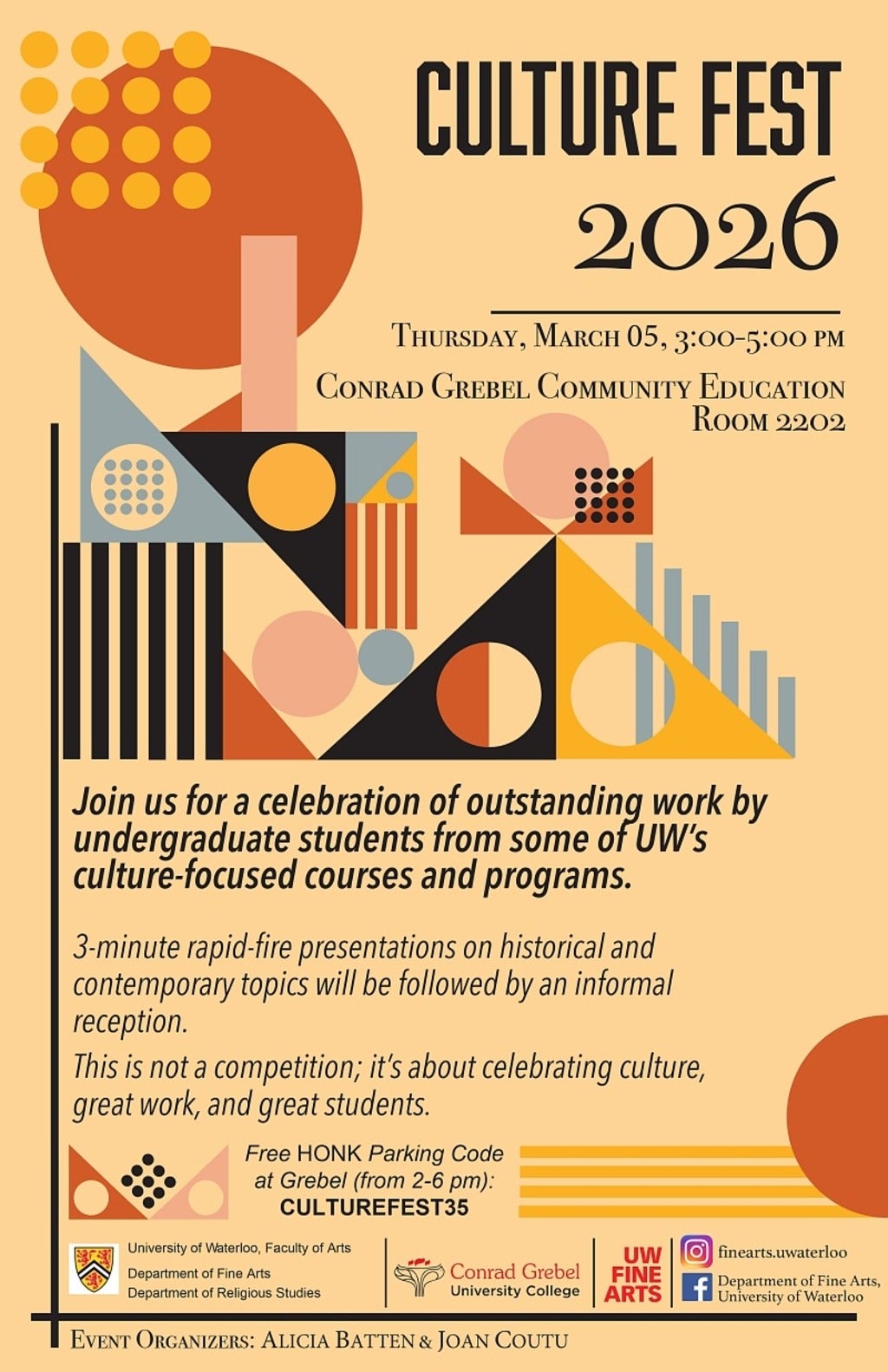 Poster for Culture Fest 2026, Thursday March 5, 3-5 PM in Conrad Grebel room 2202, students will give 3-minute rapid-fire presentations on culture-focused topics.