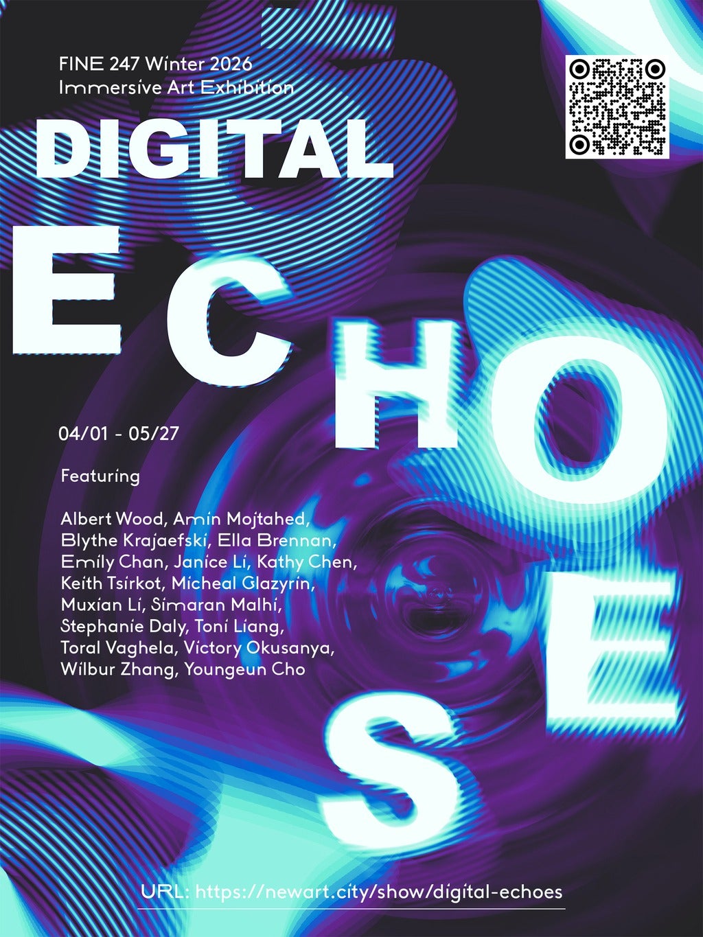 Poster for Digital Echoes online art exhibition.  All poster test appears in event post.