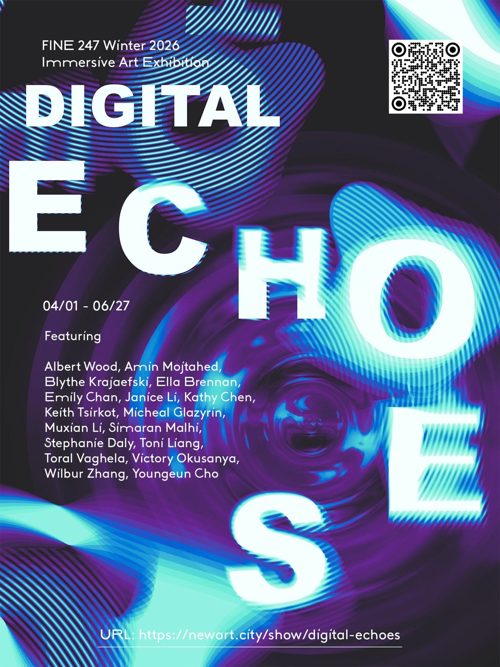 Poster for Digital Echoes online art exhibition.  All poster text appears in event post.