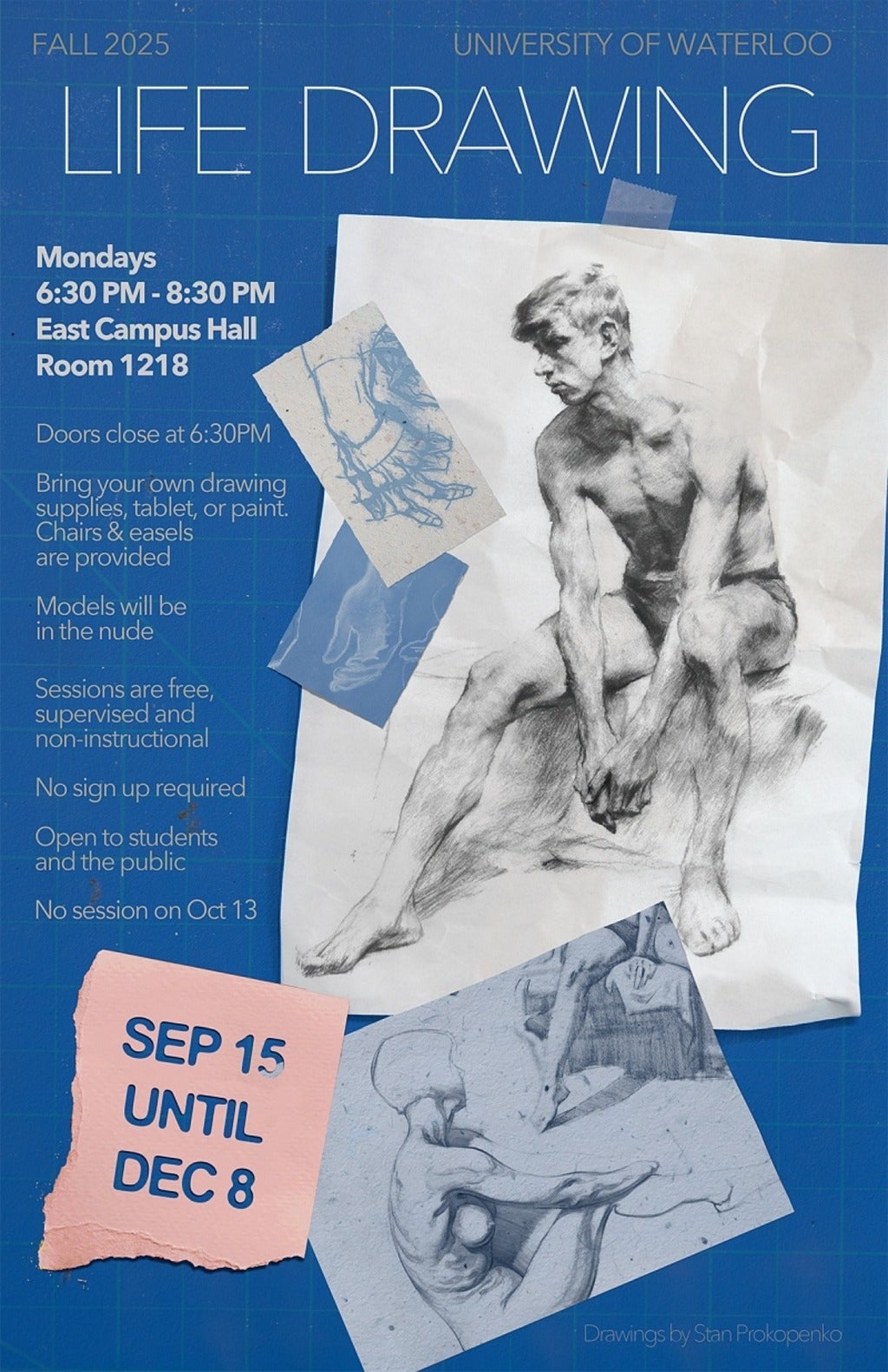 Poster for fall 2025 life drawing sessions with a collaged pattern of several figure drawing and same text as on the webpage.