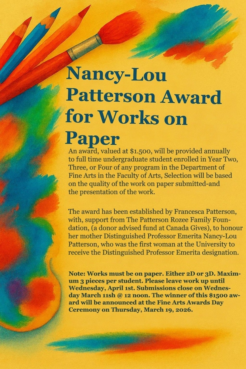 Poster for the Nancy-Lou Patterson Works on Paper award.  All text is in the event post.