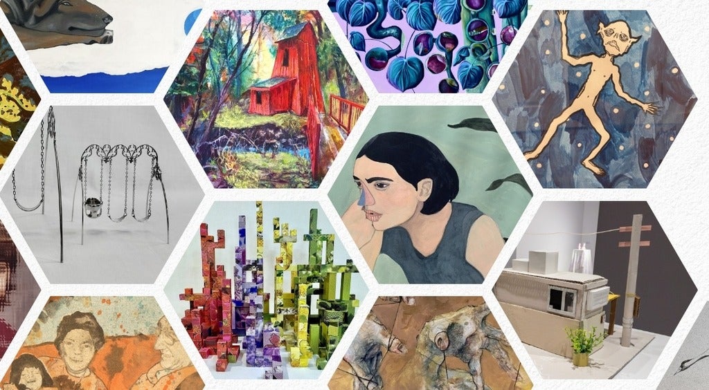 A collage of different artworks each framed in a hexagonal shape.
