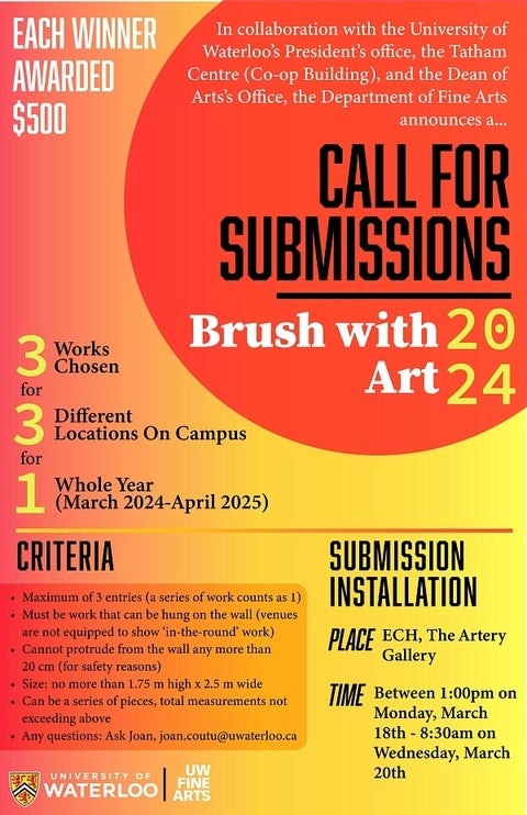 Poster for a call for submission for the 2024 Brush With Art competition.  All text information on the poster appears on the webpage.
