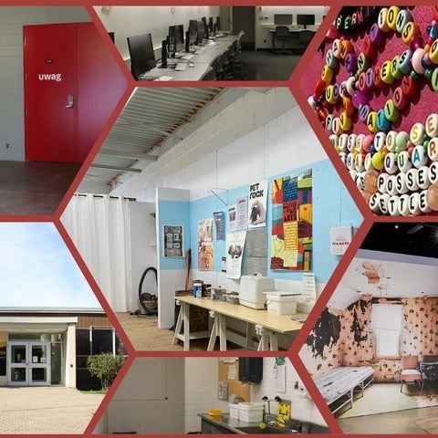 Collage of photos showing studio rooms and galleries in East Campus Hall