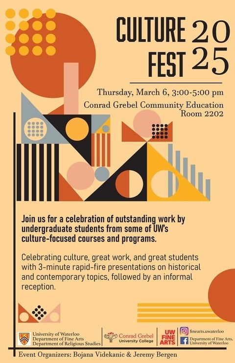 Poster for Culture Fest 2025, Thursday March 6, 3-5 PM at Conrad Grebel room 2202, students will give 3-minute rapid-fire presentations on culture-focused topics.