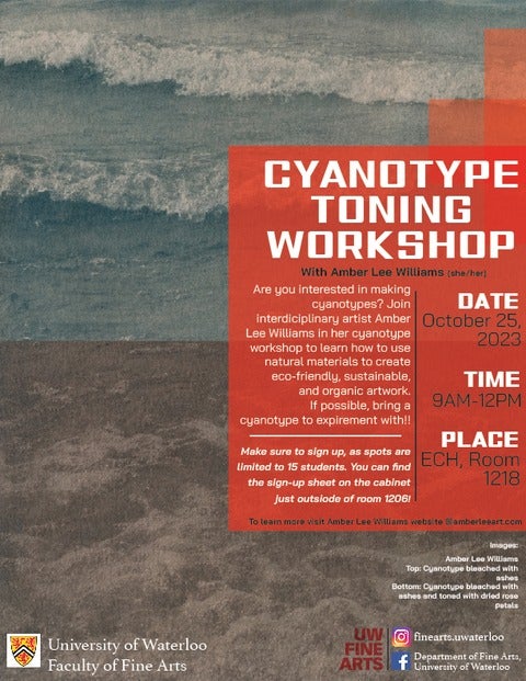 Poster for Cyanotype toning workshop on October 25, 9 am-12 pm in East Campus Hall 1218.