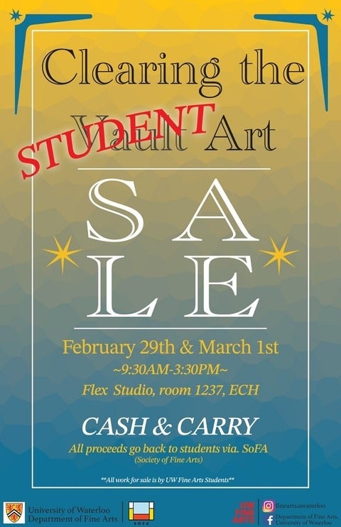 Yellow and blue poster advertising a cash and carry sale of student art from 9:30-3:30 on February 29 and March 1 in ECH 1237. Cash sales only.