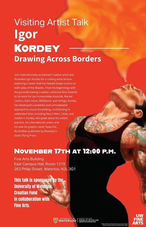 Poster for Igor Kordey's artist talk on November 17 at noon.  Illustration of a tattooed figure blowing fire. All poster text is in event listing.