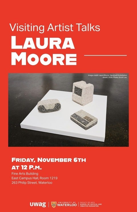 Poster for Laura Moore's artist talk on November 6 at noon. Image shows vintage electronics cover in mosaic tiles.