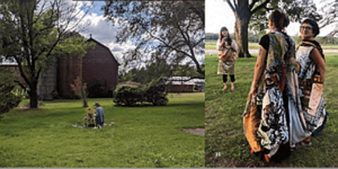 Left photo shows person sitting on the ground in front of a barn and surround by trees, photo on right show two people posing