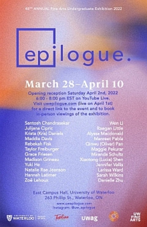 Poster for epilogue exhibition March 28-April 10, uwepilogue.com launches April 1