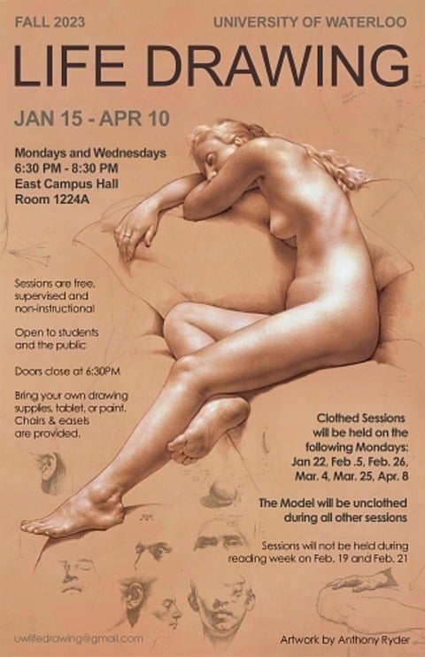 Poster for winter 2024 life drawing sessions with a figure drawn from the front and same text as on the webpage.