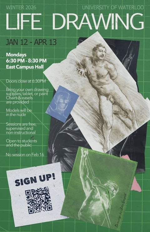 Poster for winter 2026 life drawing sessions with a collaged pattern of several figure drawing and same text as on the webpage.