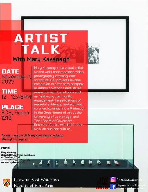 Poster for artist talk by Mary Kavanagh on Nov. 7 2023 at noon in ECH 1219.  Background of poster shows steel beads connected by a web of cables.