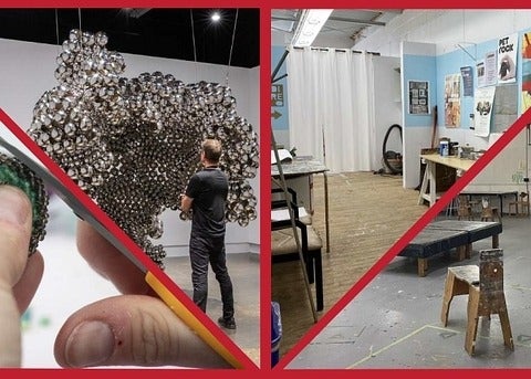 Four images showing a person's hands using scissors to trim a beaded medallion; person stands before a large handing sculpture of steel spheres; an artist studio with tables artwork in a wall; studio classroom with benches around a central platform.