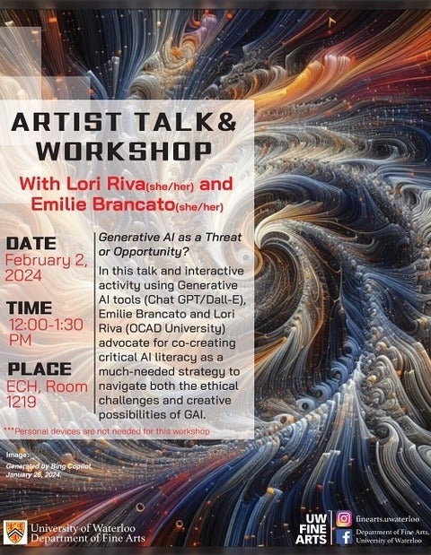 Poster for talk by Lori Riva and Emilie Brancato about about "critical AI literacy", on February 2 2024 at 12 p.m. in ECH 1219.  Background of poster is an AI generated image by Bing Copilot showing multicoloured lines of colour forming a logarithmic spiral.
