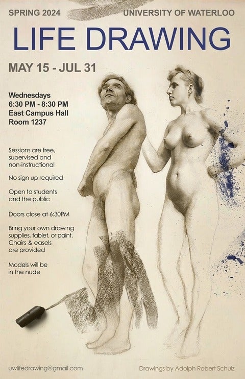 Poster for spring 2024 life drawing sessions, Wednesday 6:30-8:30, May 15 to July 31