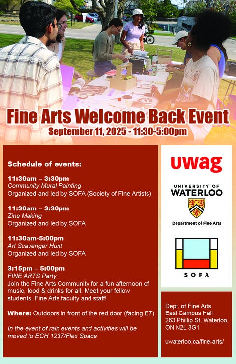 Poster for the 2025 Fine Arts welcome back event, all text repeated on the webpage.