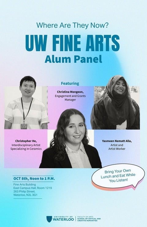 Poster for Alumni panel on October 8, noon to 1 pm, featuring Christopher He, Christina Mongeon,  and Yasmeen Nematt Alla.