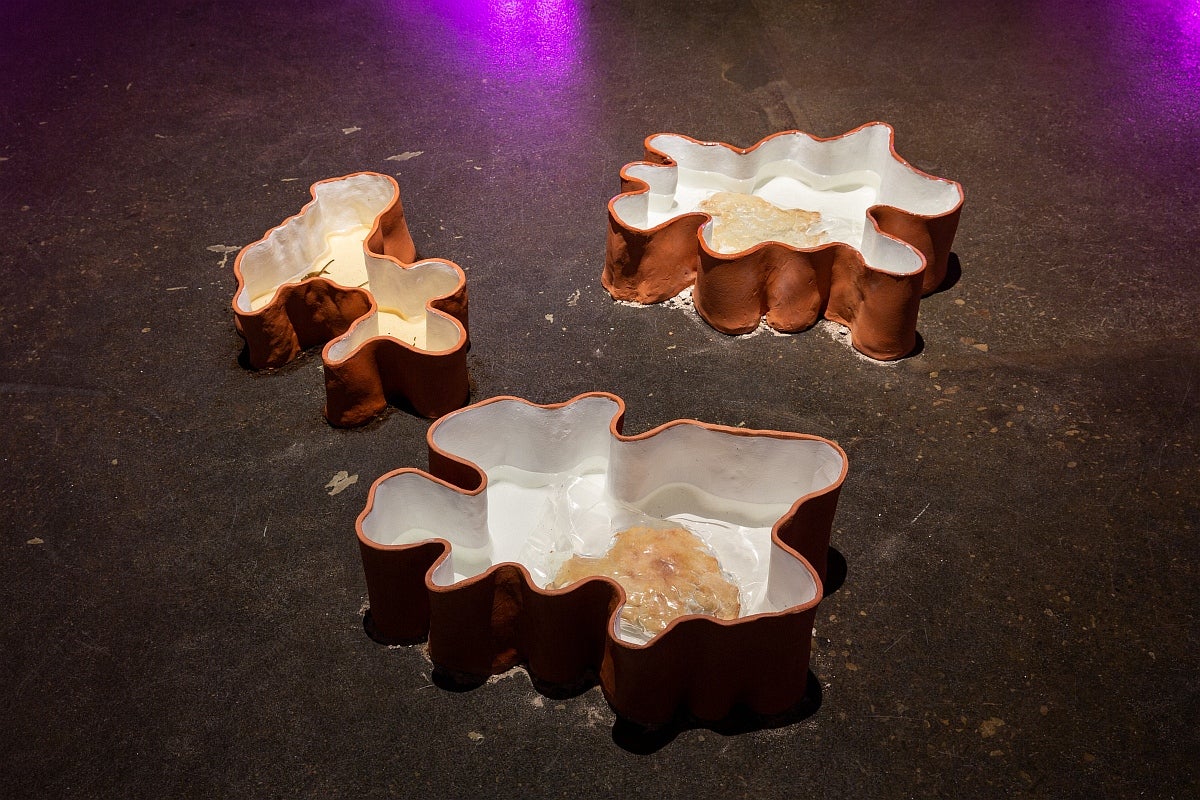 Artwork on gallery floor. Three organically shaped terracotta vessels with white interiors contain bags of yellowish material.