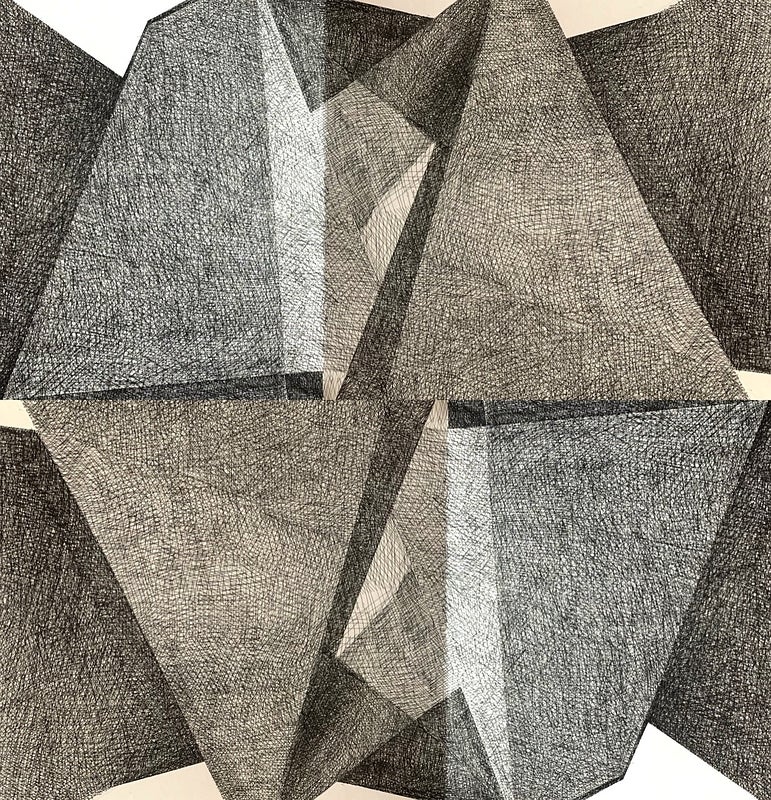 Cross-hatched drawing of pyramidical, geometric shapes, in shades of grey and light brown