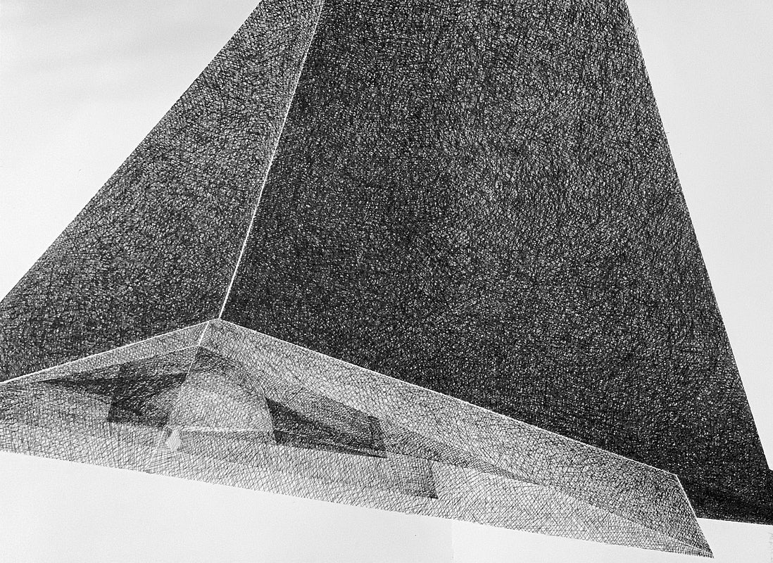 Cross-hatched drawing of pyramidical, geometric shapes, in shades of grey.