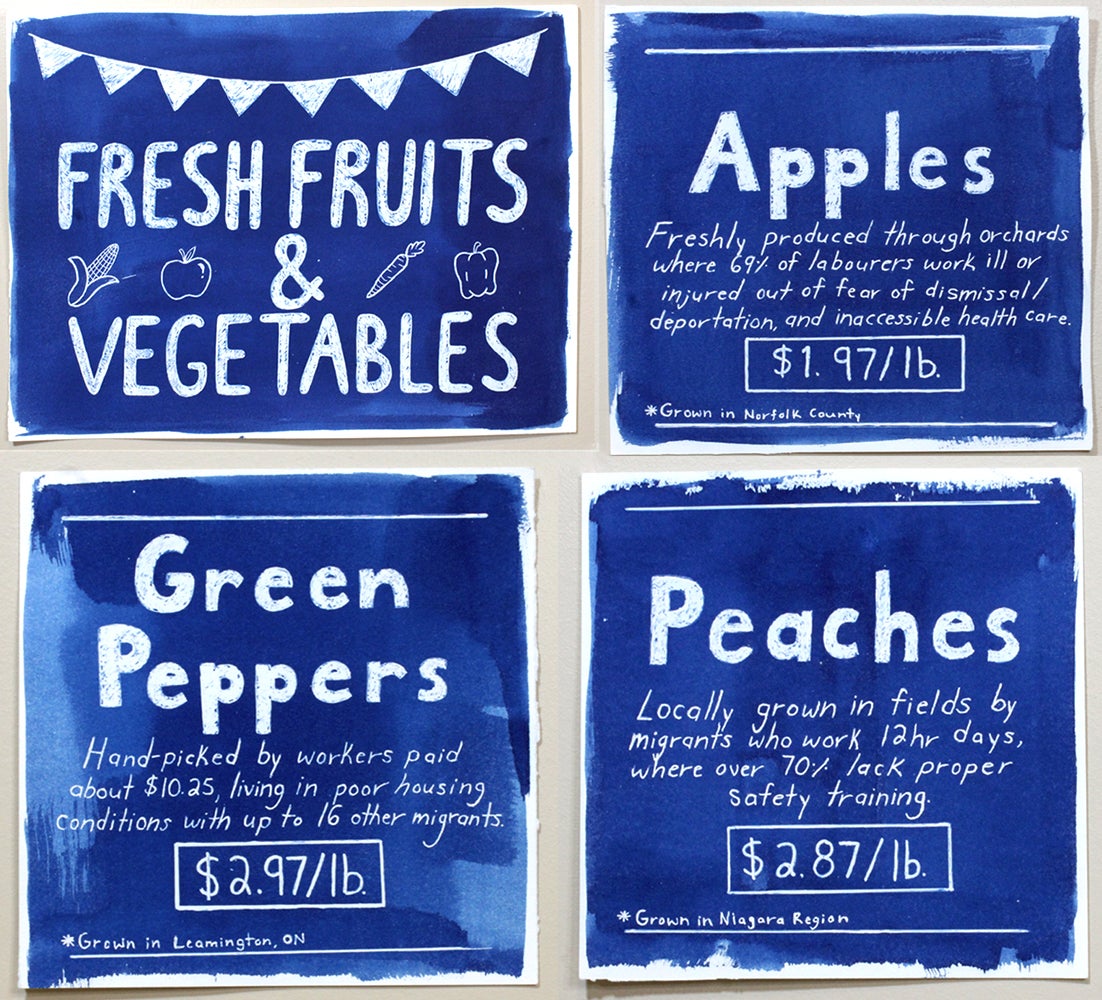 Artwork in blue and white, advertising signs for fruit and vegetables describing working conditions of farm labour