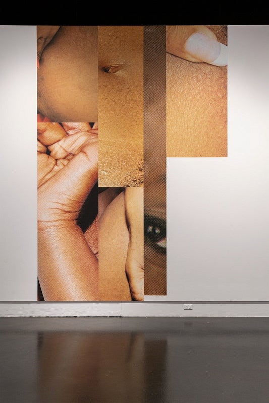 Art exhibition in gallery. Large scale photographs on walls depict details of a black woman's body. 