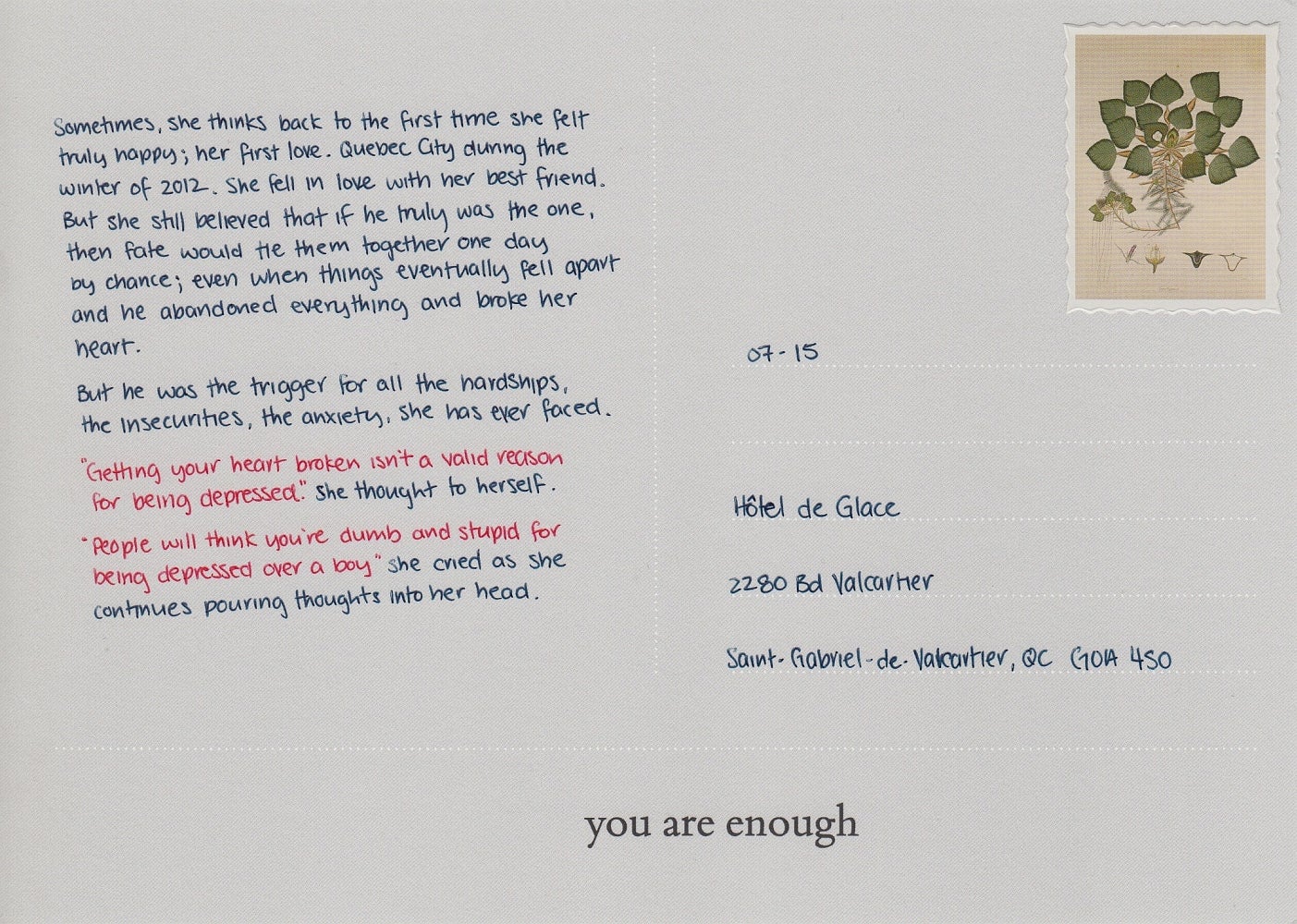 Artwork of the note on the back of a postcard, which reads like a diary entry or memory.