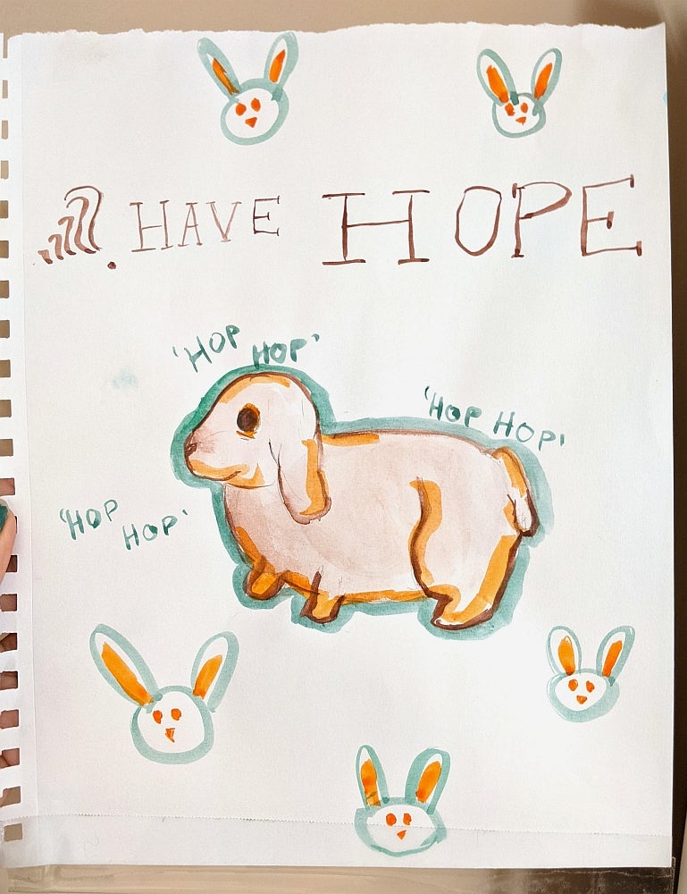 Watercolour painting of a rabbit with the text "???? Have hope" and "hop hop"