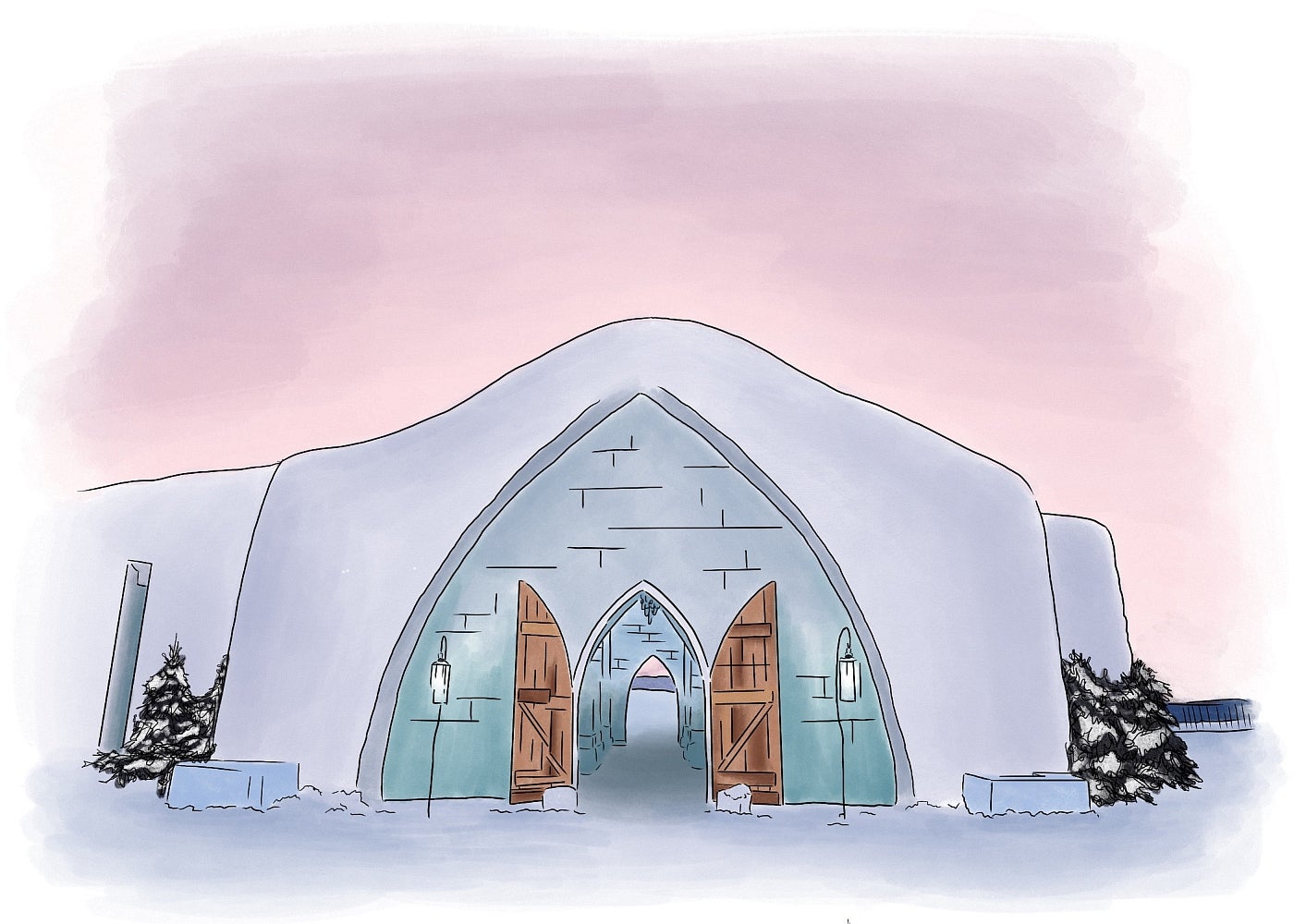 Artwork of watercolour-like postcard depicting an ice hotel with the doors open