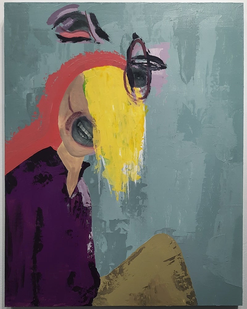 Painting of a colourful abstracted portrait a black and white photograph mouth collaged  and yellow hair covering half the face