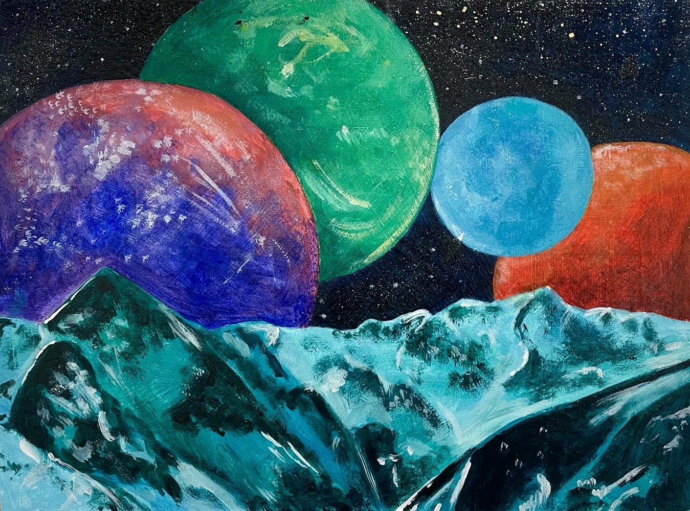 Painting of a cosmic landscape with icy blue mountains in front of four planets coloured green, orange, red and purple