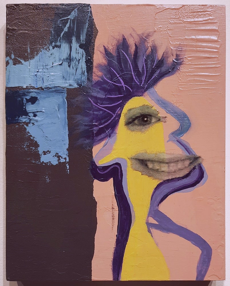 Painting of a colourful abstracted portrait with an eye and mouth collaged from a black and white photograph.