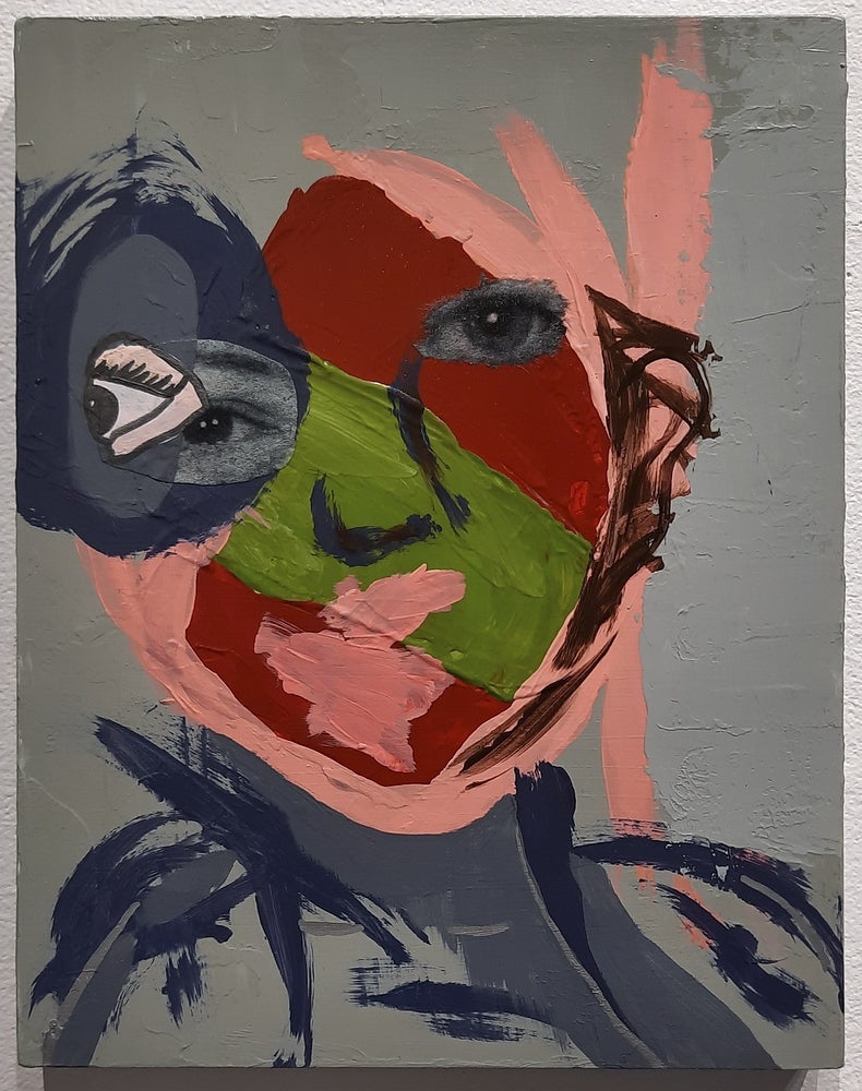 Painting of a colourful abstracted portrait with two eyes collaged from black and white photographs. 