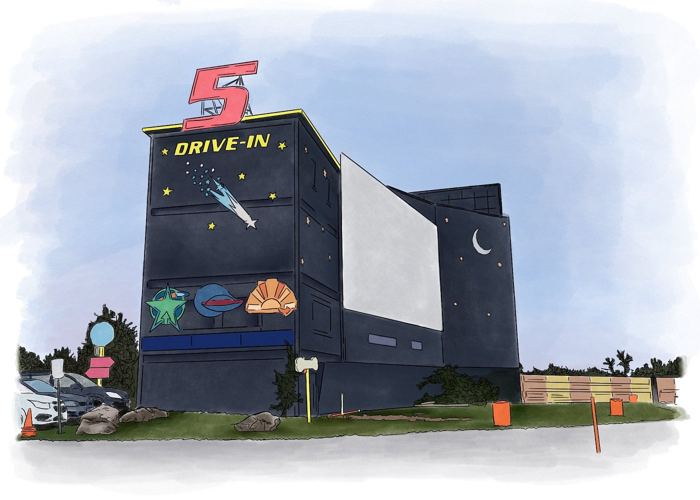 Artwork of watercolour-like postcard depicting a drive in theatre with a sign reading "5 drive-in"