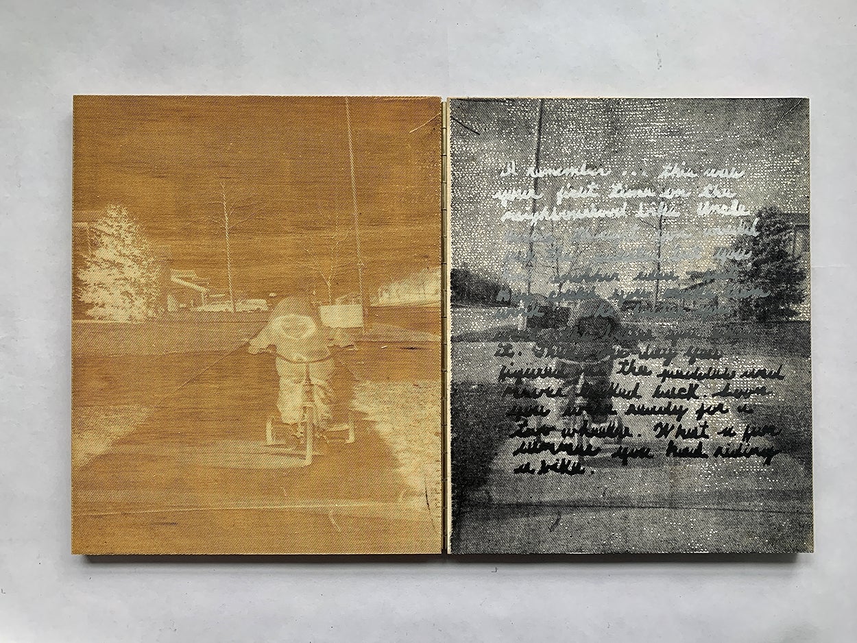 Artwork of two panels hinged together. Left side, sepia toned negative photo a child on a tricycle, right side same photo b&w
