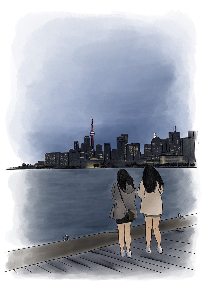 Artwork of watercolour-like postcard depicting two figures from the back, veiwing the Toronto skyline.