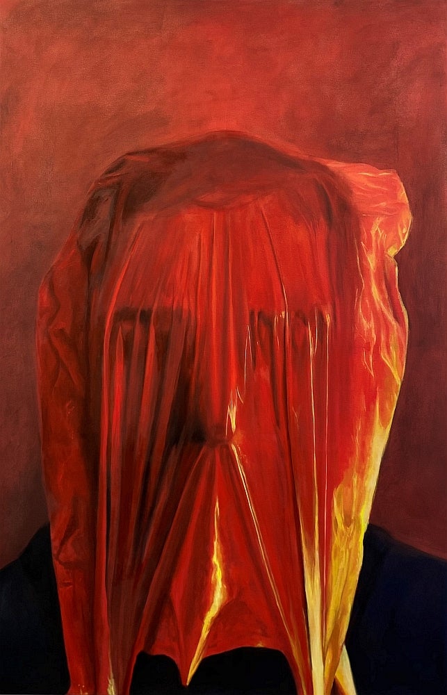Painting in shades of red, of a head wrapped in fabric.