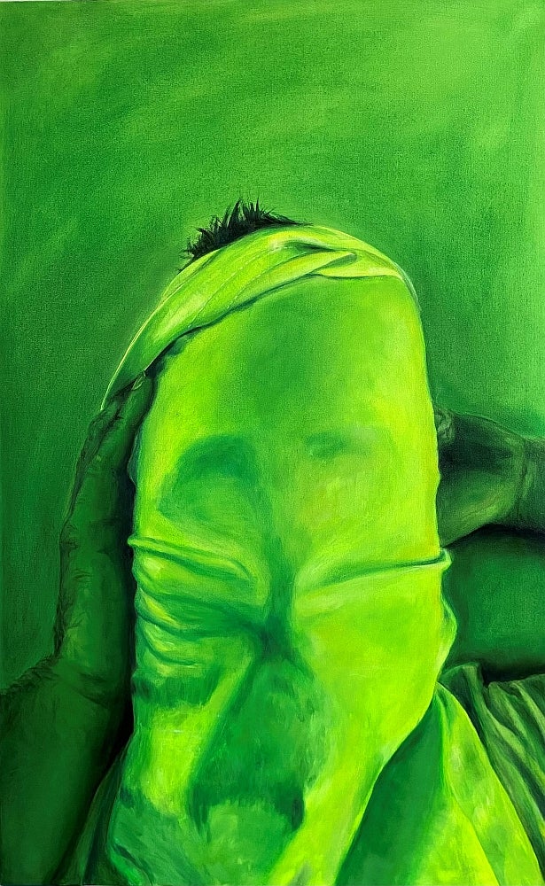 Painting in shades of green of a head wrapped in fabric.