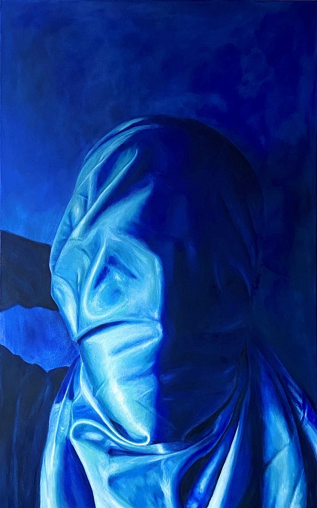 Painting in shades of blue, of a head wrapped in fabric.