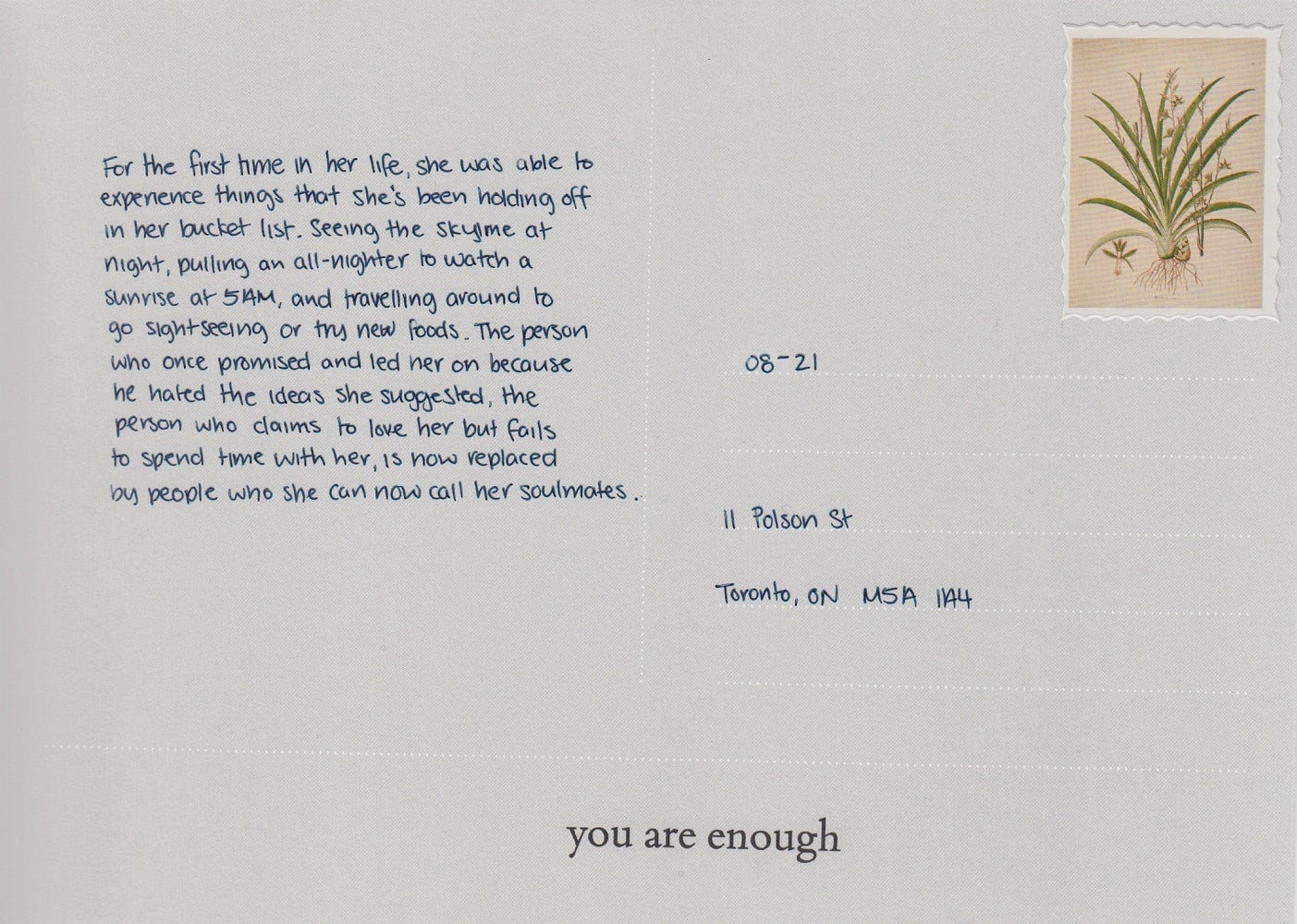Artwork of the note on the back of a postcard, which reads like a diary entry or memory.