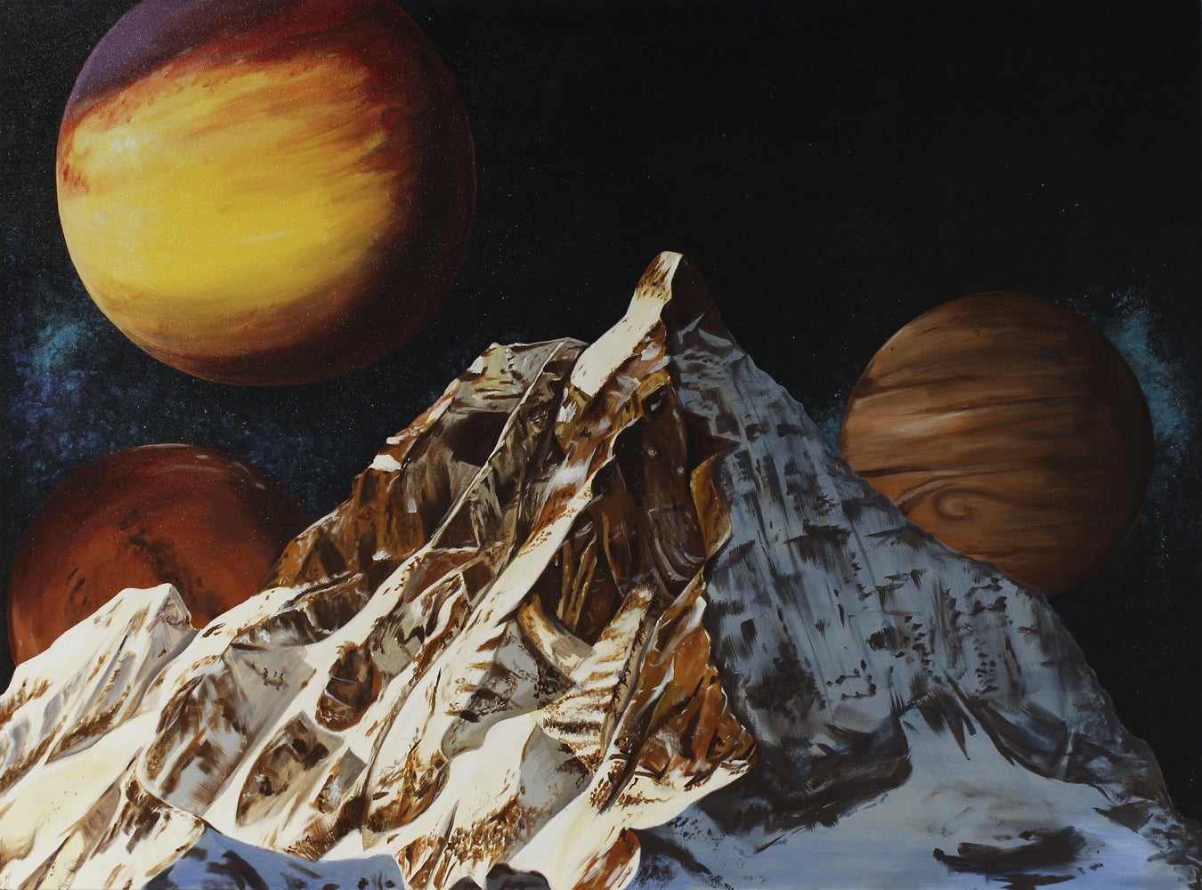 Painting of a cosmic landscape with snowy mountains in front of three brown and yellow planets