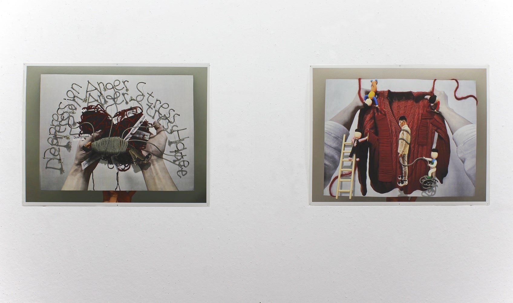 Two pictures on a wall. Photographic collage of hands holding yarn and a sweater figures of the artist bound in cord.